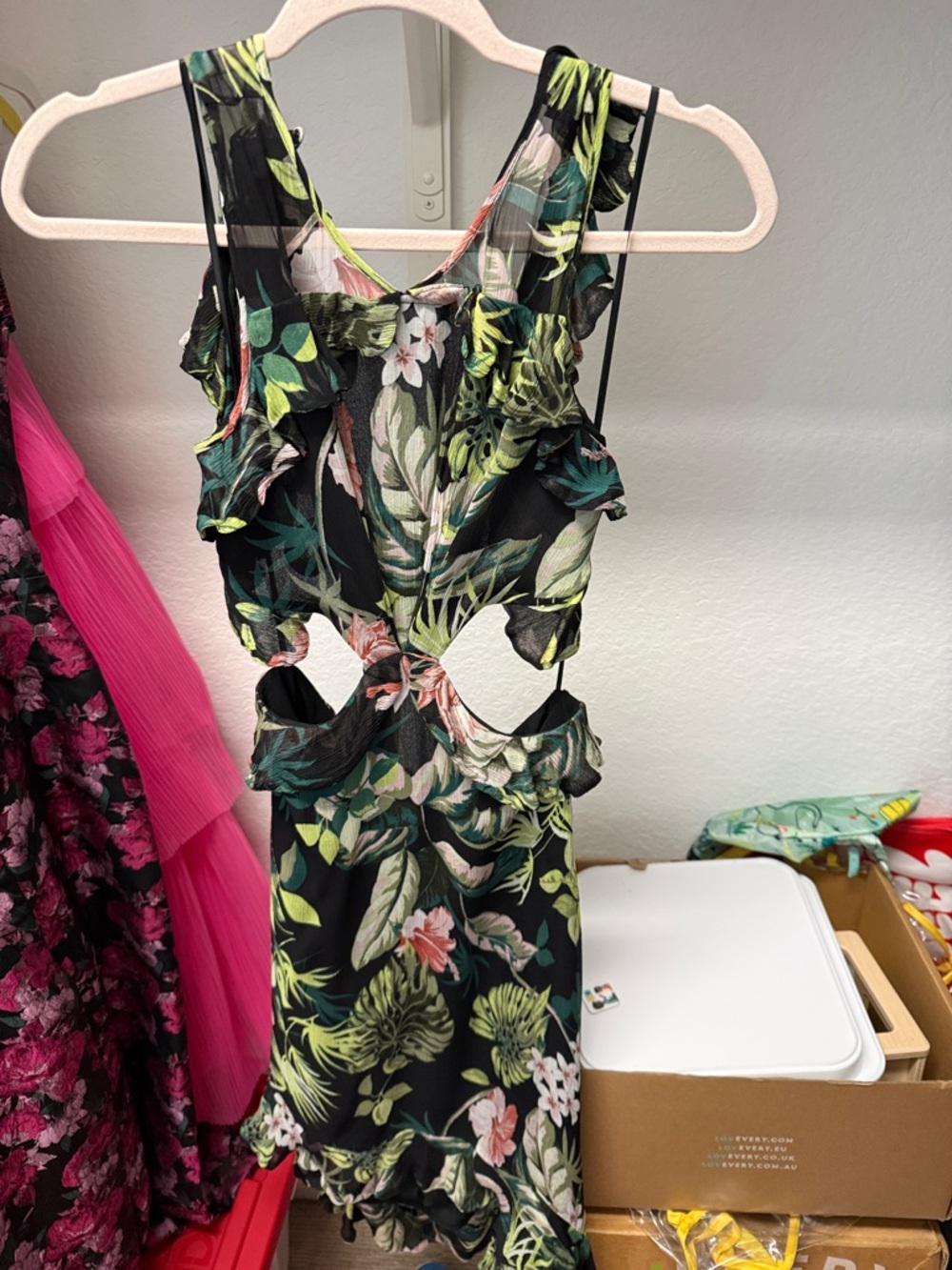 Guess Black Tropical Floral Backless Cutout Dress